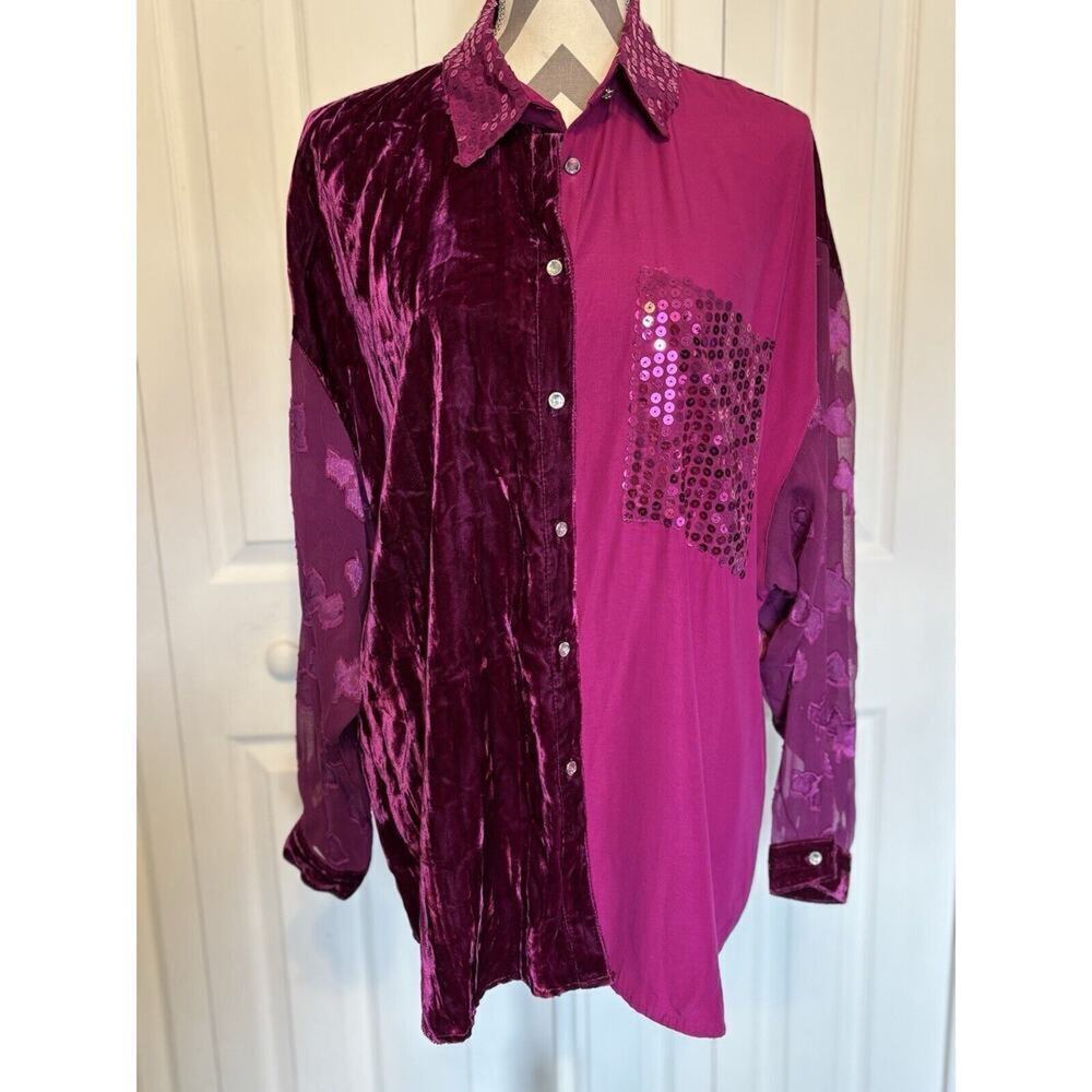 Tina Hagen Burgundy Purple Sheer Sequins Velvet Mardi Gras Button Up Blouse Top
